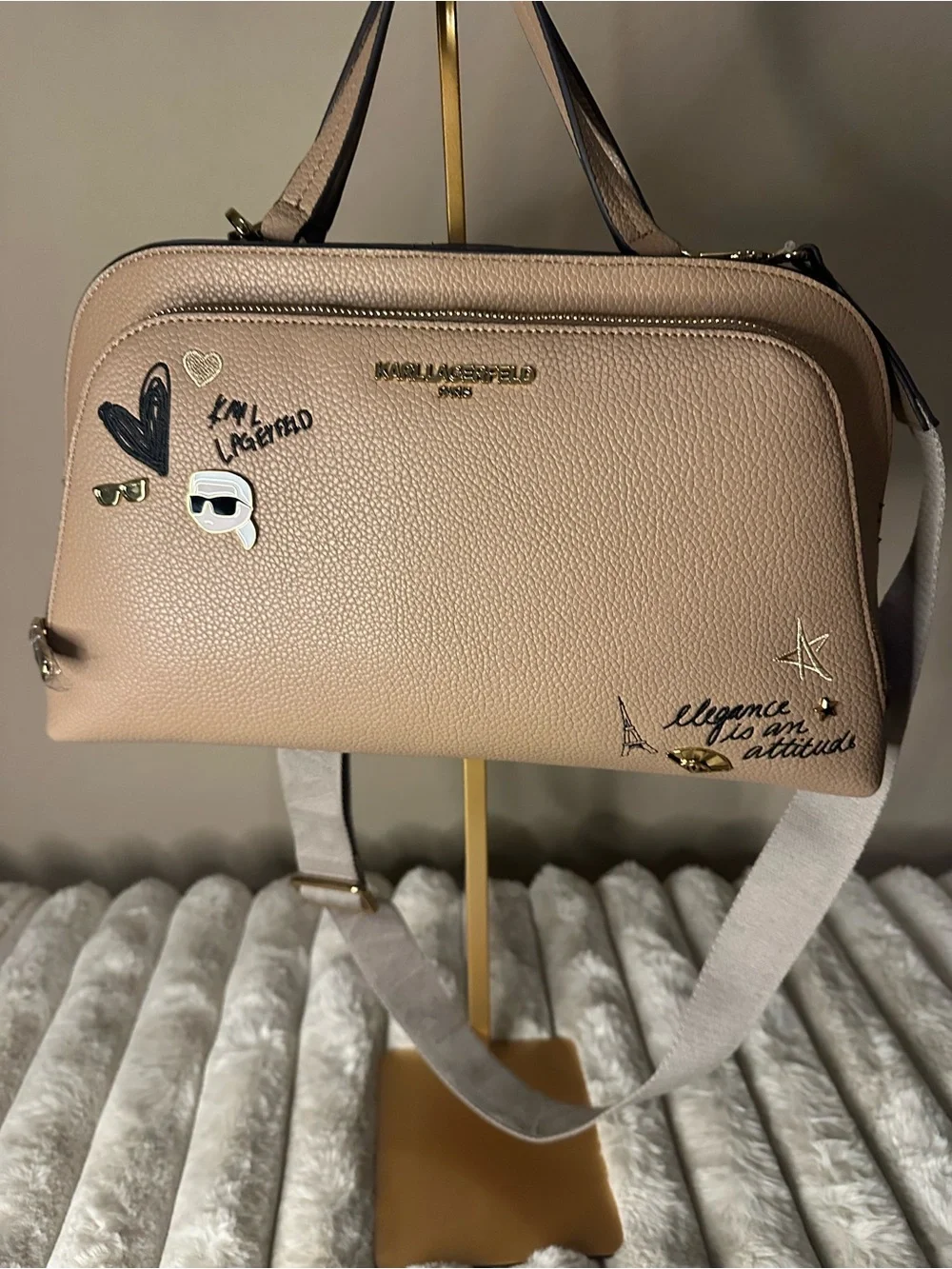 Karl Lagerfeld Taupe Pebble Leather Satchel with Graphic Accents